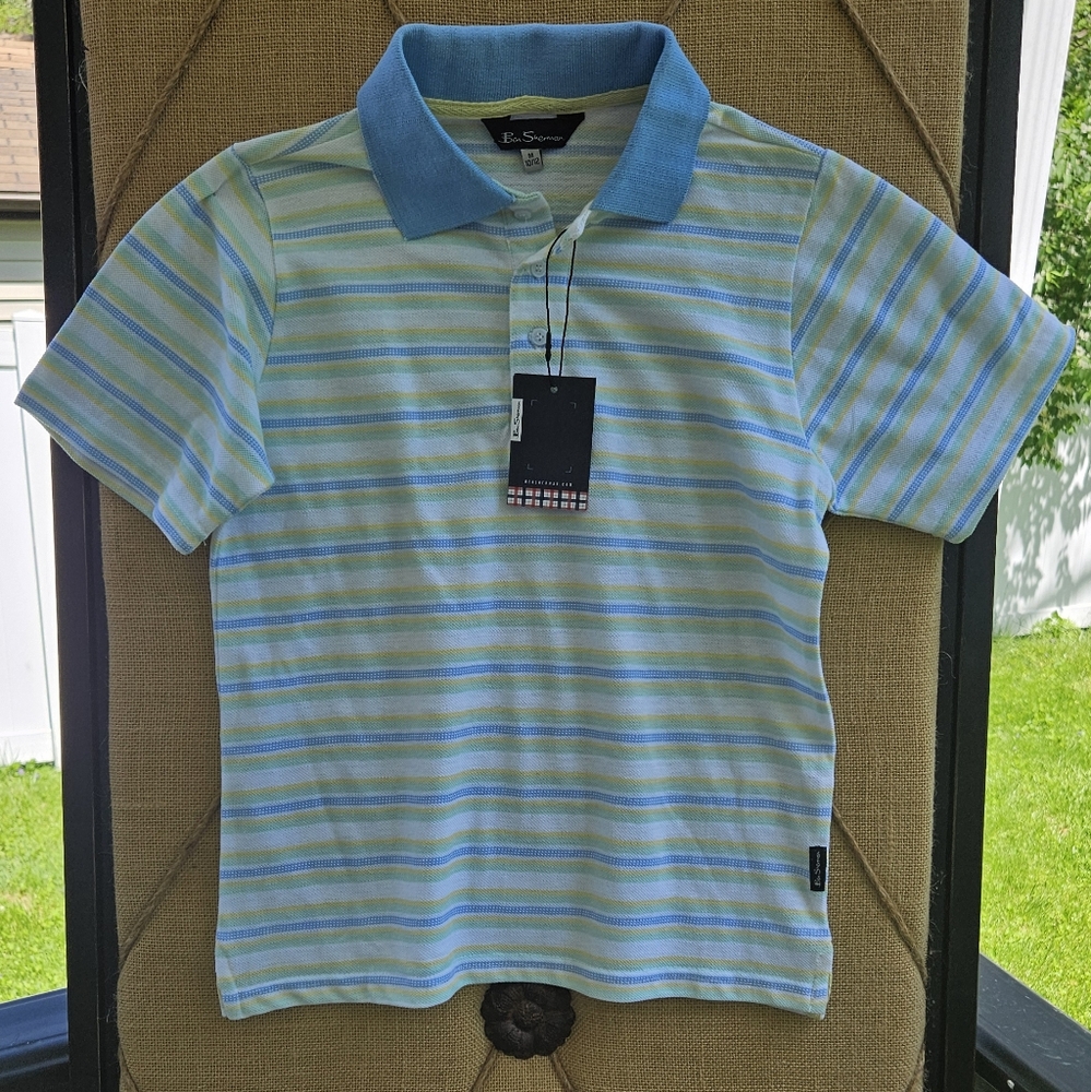 Ben Sherman Boys 10/12 Striped Blue and Green Kids Polo Shirt NWT
